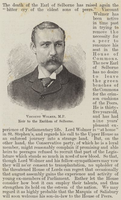 Burggraaf Wolmer, MP, erfgenaam van het graafschap Selborne (gravure) door English School