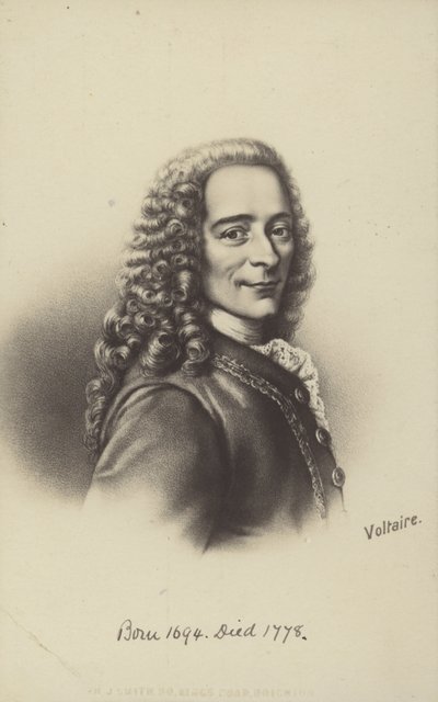 Voltaire (1694-1778), Frans schrijver, filosoof en toneelschrijver (litho) door English School