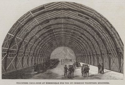 Vrijwillige oefenloods in Birkenhead voor de 1e Cheshire Vrijwillige Ingenieurs (gravure) door English School