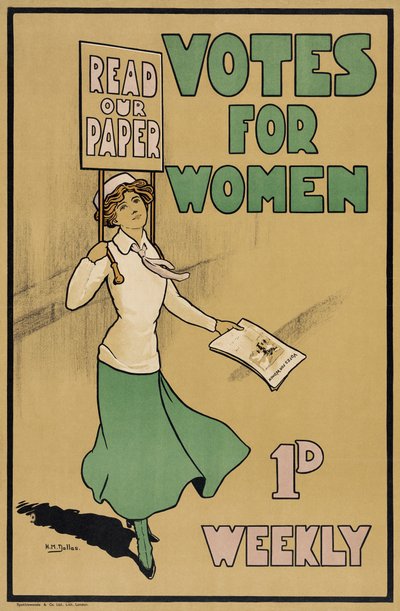Stemmen voor vrouwen, uit The Suffragette, gepubliceerd in 1912 (kleurenlitho) door English School