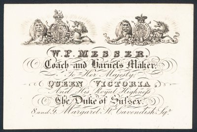 W F Messer, koets- en harnasmaker voor hare majesteit koningin Victoria en de hertog van Sussex door English School