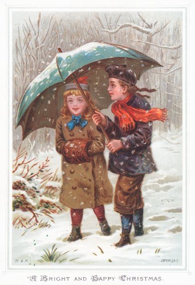 Wandelen onder paraplu in sneeuwstorm, Kerstkaart door English School