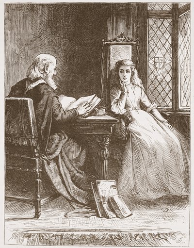 Walter Capel leest de Schrift aan zijn dochter, illustratie uit De Geschiedenis van het Protestantisme door James Aitken Wylie, 1878 door English School