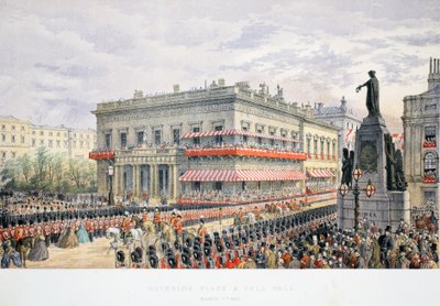 Waterloo Place en Pall Mall, uit A Memorial of the Marriage of Edward VII and Alexandra of Denmark, pub. 1864 door English School