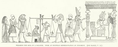 Het wegen van de ziel in een balans, uit een Egyptische voorstelling van het oordeel door English School