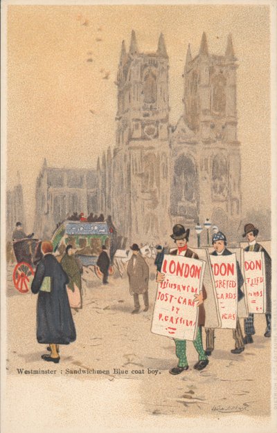 Westminster Abbey, Londen, sandwichman, blauwe jas jongen door English School
