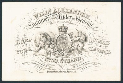 William Alexander, graveur en drukker in het algemeen voor hun koninklijke hoogheden, handelskaart door English School