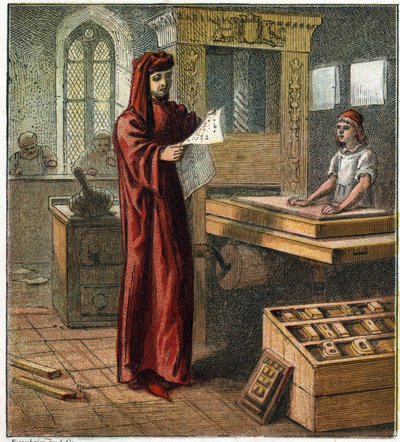 William Caxton (1422-1491), eerste Engelse drukker, in zijn werkplaats met een drukpers. William Caxton, de eerste Engelse drukker. door English School