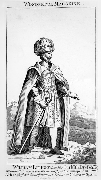William Lithgow in zijn Turkse Kleding, illustratie uit Wonderful Magazine, ca.1750-90 door English School