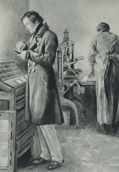 William Lloyd Garrison zet het type op voor zijn krant door English School