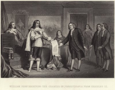 William Penn ontvangt het handvest van Pennsylvania van Karel II door English School