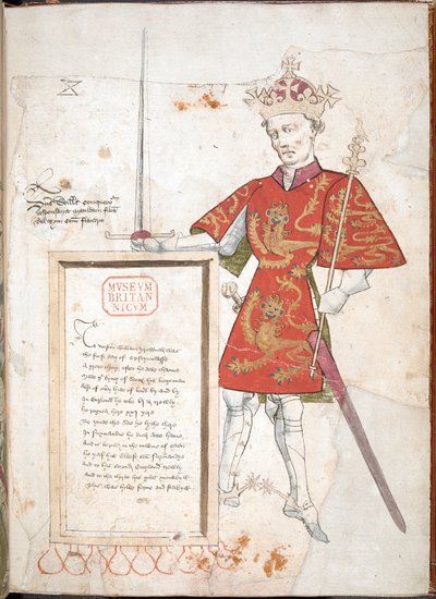 Willem de Veroveraar, een Engelse koning in harnas en tabberd, die een plaquette met verzen presenteert door English School