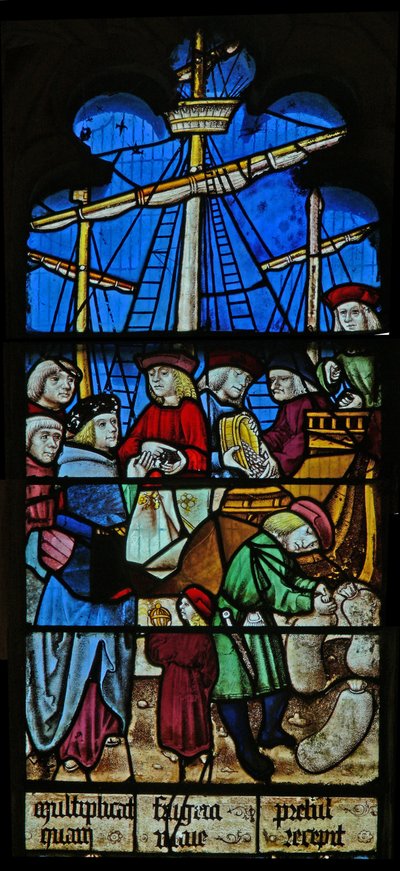 Raam SaEw met een scène uit een legende van St. Nicolaas: de graanschepen lossen in Myra door English School
