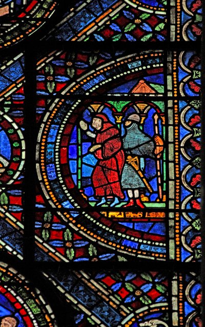Een scène uit het leven van St. Thomas Becket: Een gewapende ridder en een monnik door English School