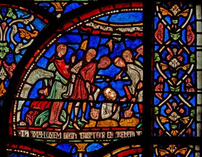 Een scène uit een St. Thomas Becket wonderraam: William van Gloucester begraven en opgegraven door English School
