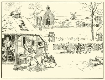 Winterscène in een Dorp. 14e Eeuw door English School