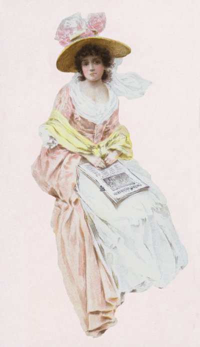 Vrouw in Victoriaanse of Edwardiaanse jurk leest een krant door English School