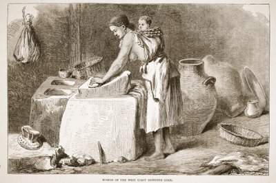 Vrouw van de westkust die maïs maalt, illustratie uit The Pictorial Edition of the Life and Discoveries of David Livingstone door J. Ewing Richie, uitgegeven door A. Fullarton & Co., 1876 door English School