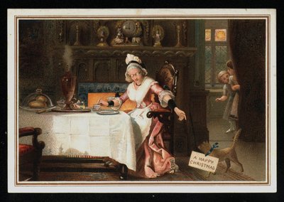 Vrouw drinkt thee met haar kat, kerstkaart door English School