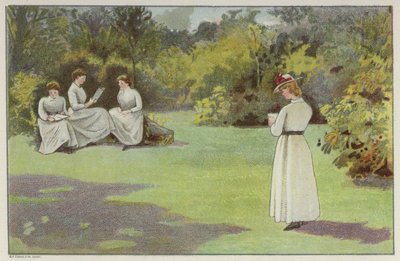 Vrouwen ontspannen in een rustige hoek van Bournville, Birmingham door English School