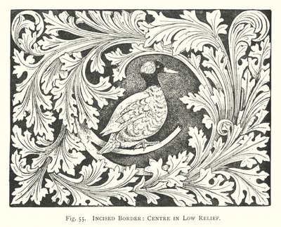 Houtsnijwerk: Ingesneden rand, midden in laag reliëf (gravure) door English School