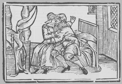 Houtsnede van een man en een vrouw zittend op een bed door English School