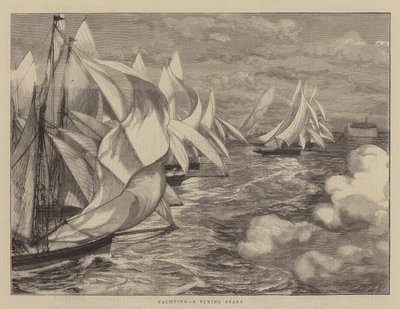 Zeilen, een vliegende start (gravure) door English School