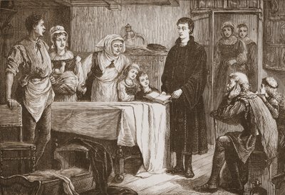 Jonge Calvijn legt de Bijbel uit aan een familie in Bourges, illustratie uit De Geschiedenis van het Protestantisme door James Aitken Wylie, gepubliceerd in 1878 door English School