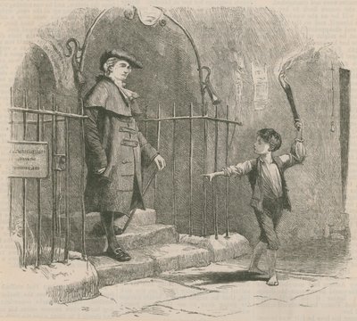 Jonge jongen leidt een heer met fakkellicht door English School