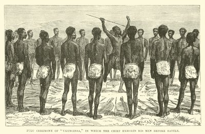 Zulu ceremonie van Ukuncinsa, waarin de chef zijn mannen voor de strijd aanspoort door English School