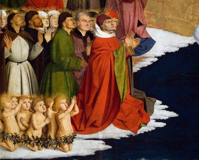 Dopen van mannen en kinderen, detail van de Kroning van de Maagd Altaarstuk door Enguerrand Quarton