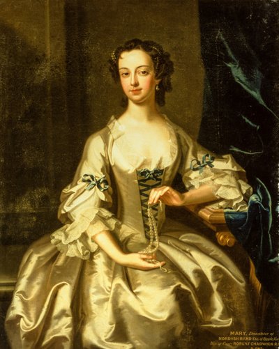 Portret van Mary Rand bij een gedrapeerd gordijn door Enoch Seeman