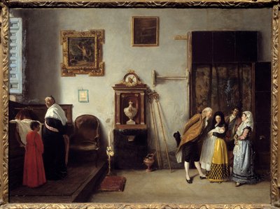 Een mis van Relevailles in Spanje De priester komt om de zegen te geven aan de pasgeborene en de moeder die bevallen is. door Enrique Melida
