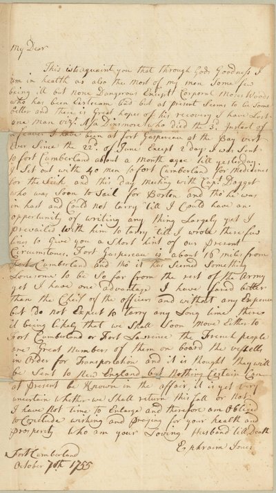 Brief aan Allice Jones, Concord, Massachusetts, 7 oktober 1755 door Ephraim Jones