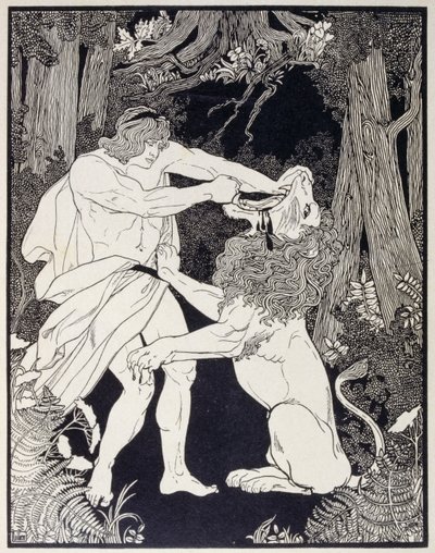 Tekening van Simson die vecht met een leeuw (gravure) door Ephraim Moses Lilien