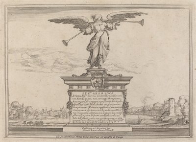 Opdrachtpagina met standbeeld van Fama door Ercole Bazicaluva