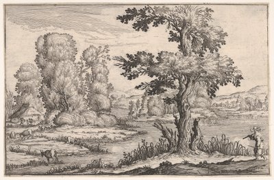 Landschap met grazende geiten bij een rivier en een figuur op de voorgrond rechts, uit een serie, 1638 door Ercole Bazicaluva