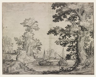 Landschap met een rivier tussen bomen en heuvels, twee schepen in het midden door Ercole Bazzicaluva