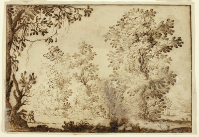 Boslandschap met reiziger op de voorgrond door Ercole Bazzicaluva