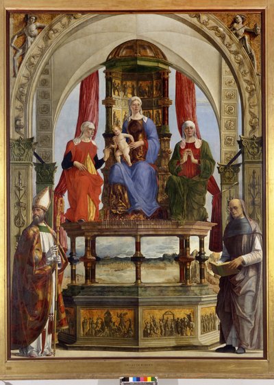 Maagd op de troon met Kind, Heiligen Anna, Elisabeth, Augustinus en de Zalige Pietro degli Onesti door Ercole de Roberti