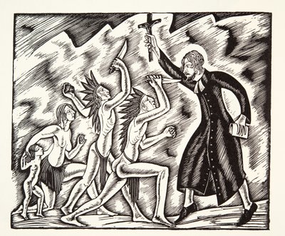 De aanval, uit The Travels and Sufferings of Father Jean de Brebeuf door Eric Gill