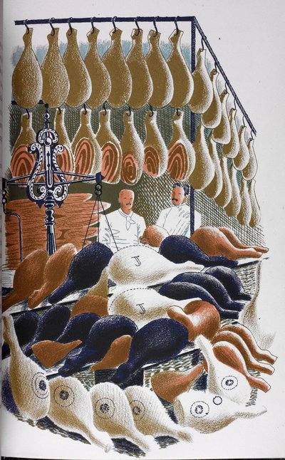 Een uitzicht binnen een slagerij. door Eric Ravilious