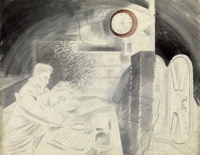 De hut (of het plein) van de senior officieren van een onderzeeër. Potloodserie door Eric Ravilious (1903-1942), aan boord van een onderzeeër tijdens de Tweede Wereldoorlog (1939-1945) door Eric Ravilious