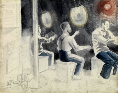 De duikcontrolekamer, tijdens de onderdompeling van de onderzeeër. Potloodserie door Eric Ravilious (1903-1942), aan boord van een onderzeeër tijdens de Tweede Wereldoorlog (1939-1945) door Eric Ravilious