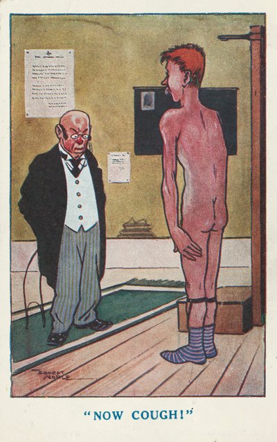 Dokter vraagt een naakte man te hoesten tijdens een medisch onderzoek door Ernest (after) Noble