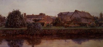 Een huis en boerderijgebouwen bij een rivier door Ernest Arthur Rowe