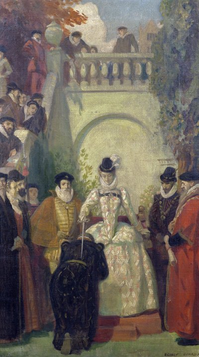 Koningin Elizabeth I riddert Sir John Young op de trappen van zijn eigendom, The Great House, Bristol, 1910-20 door Ernest Board