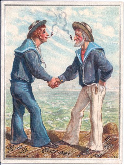 Een Victoriaanse kerstkaart van twee matrozen die kleipijpen roken en handen schudden, c.1880 (kleur litho) door Ernest Henry Griset