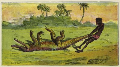 Ashanti-man die een slapende krokodil bij de staart sleept door Ernest Henry Griset