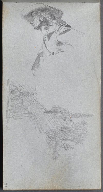Schetsboek, pagina 27: Detailstudie voor "Op een terras" en landschapsstudie door Ernest Meissonier